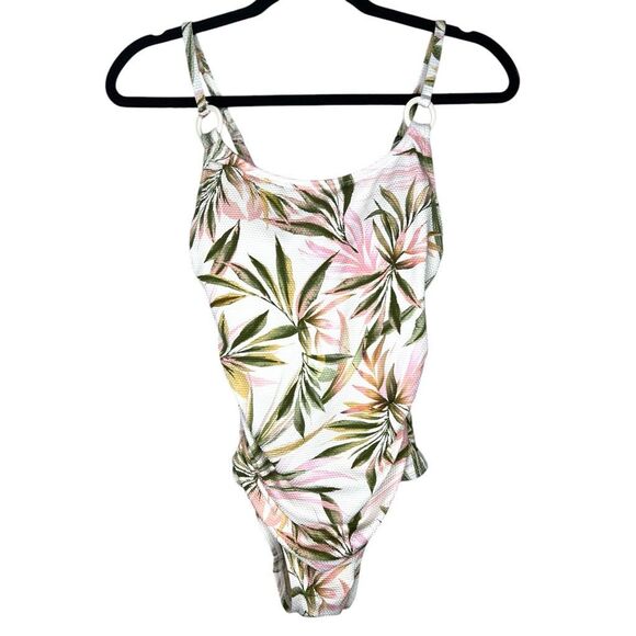 NEW Shade & Shore Scoop Neck Ring One Piece Cream Tropical Swimsuit S - Picture 3 of 6